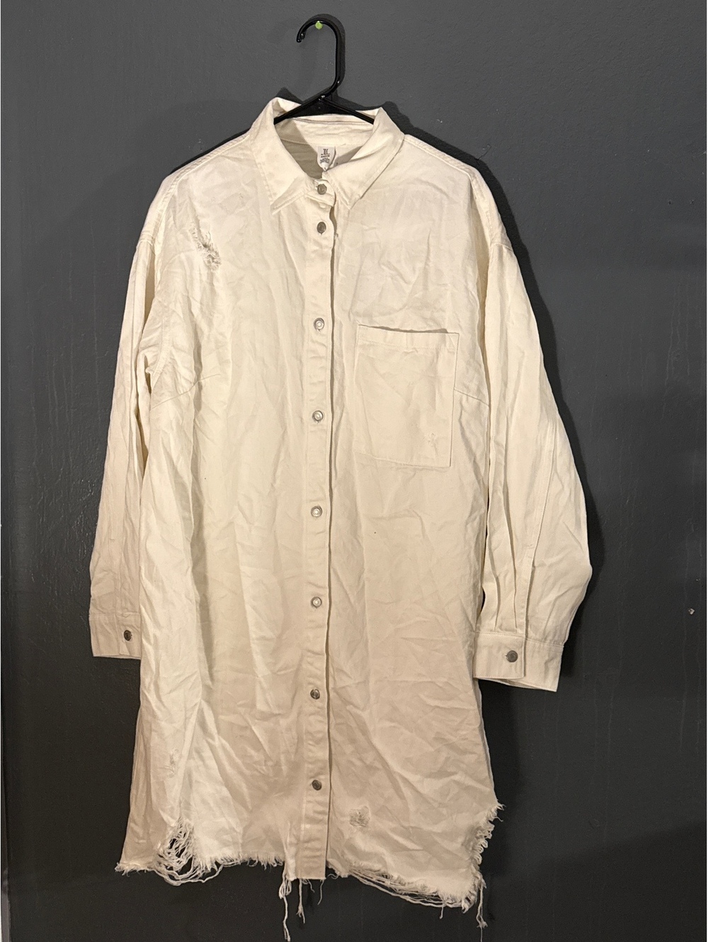 & denim Women's Cream Cotton Shirt Dress with Distressed Hem and Button-Up Front